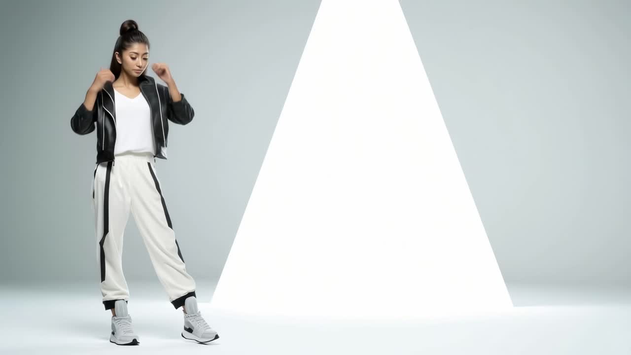 Fashion video concept with a modern, minimalist style. Low-angle shot of a woman in sporty attire