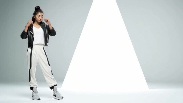 Modevideo-koncept med en moderne, minimalistisk stil. Billede af en kvinde i sporty tøj filmet i frøperspektiv