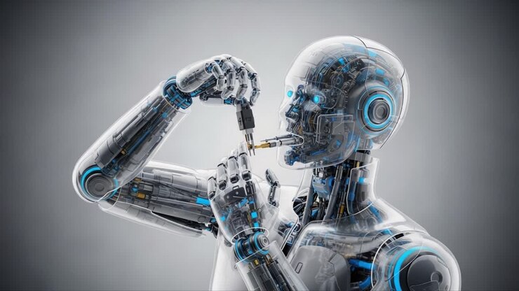 Un essere cibernetico futuristico impegnato in un intricato compito di auto-assemblaggio, che mostra tecnologia avanzata e design robotico in un ambiente digitale accattivante.