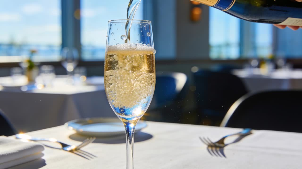 Mano che serve in manica scura che inclina una bottiglia di champagne, riempiendo un flûte alto a un tavolo formale.