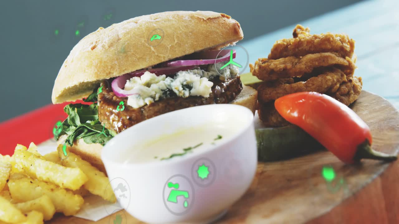 Camera pulling back, revealing burger meal while green eco icons floating, showing sustainability
