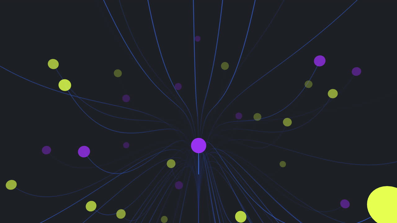 활기차고 신비로운, 어두운 파란색 캔버스에 있는 다채로운 점들의 최면적인 전시.