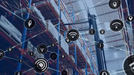 Network-of-digital-icons-against-forklift-in-the-warehouse