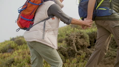 senior man and woman holding hands and climbing the mountain