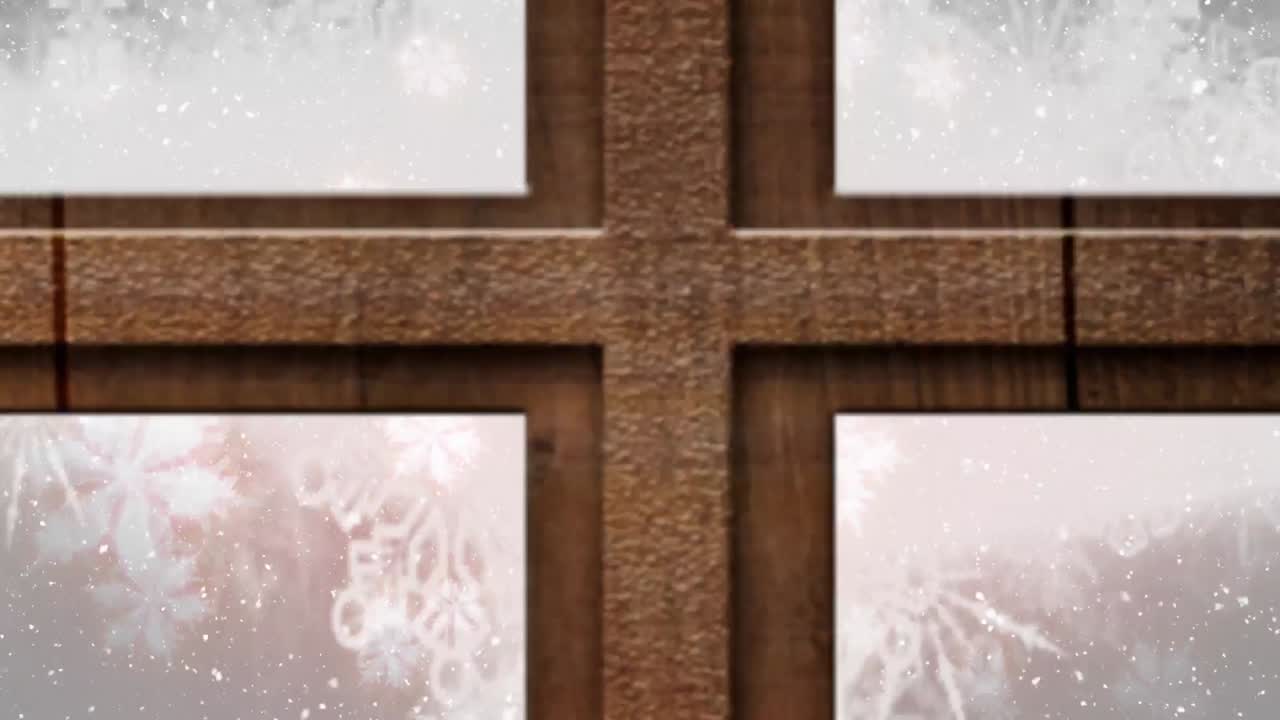Digital animation of christmas tree and wooden window frame against snowflakes falling