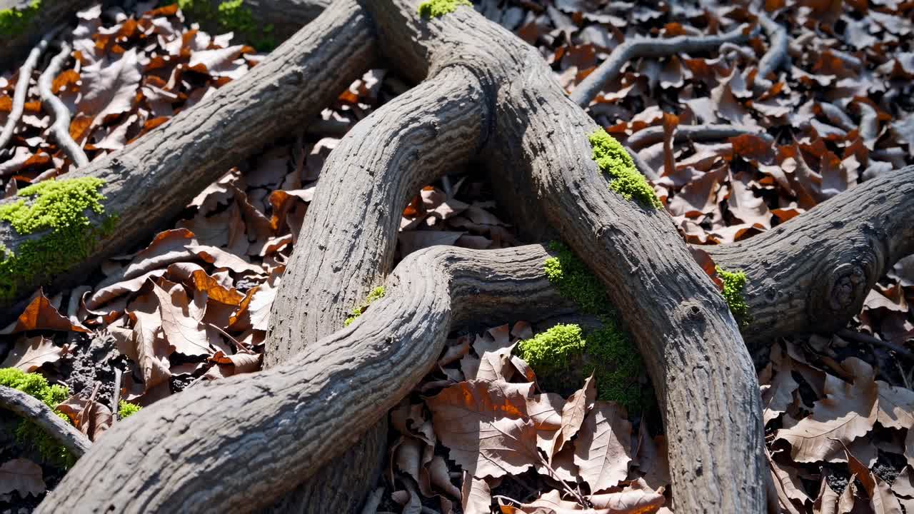 Close-up, low-angle shot of intertwined tree roots with moss, surrounded by fallen leaves