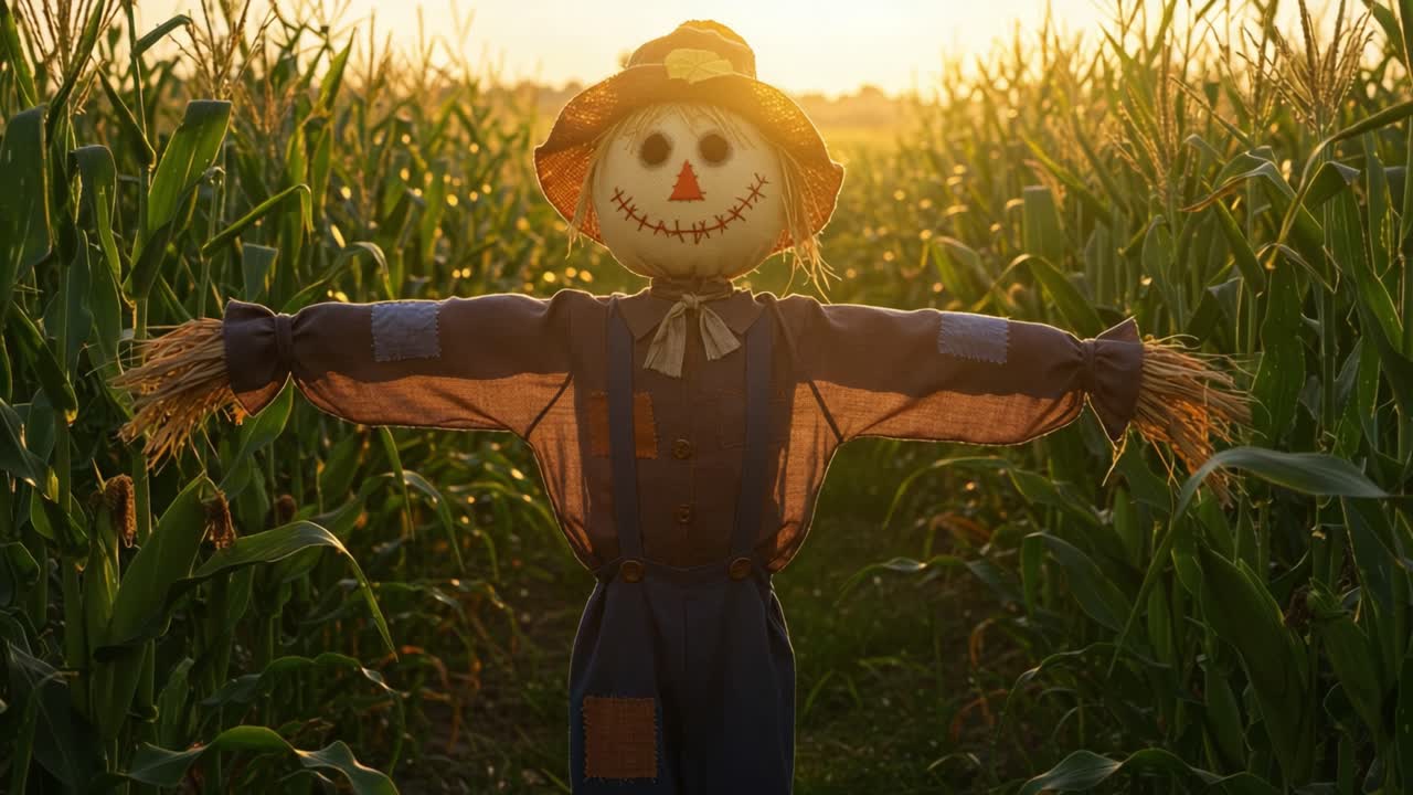 A vibrant, sunlit scarecrow stands proudly in a lush cornfield, exhibiting cheerful craftsmanship and symbolizing agricultural traditions under a golden sunset