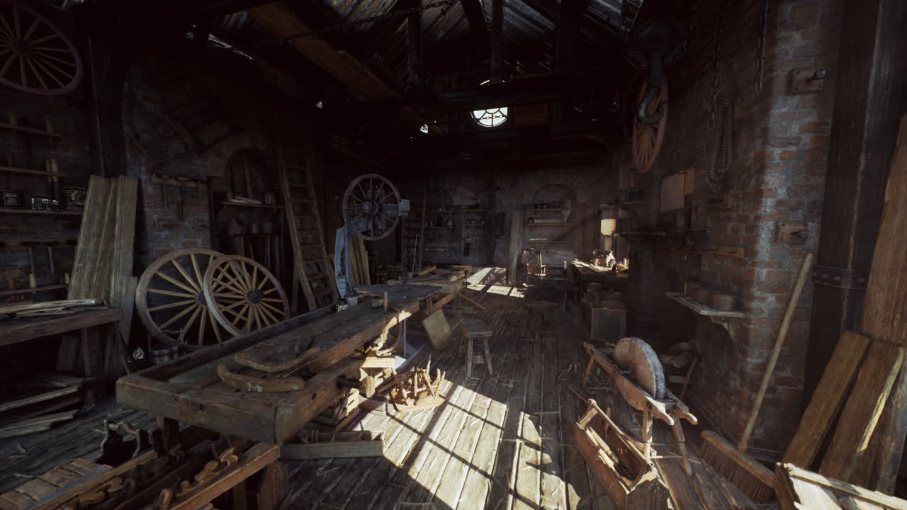 Oldfashioned studio setting highlighted by daylight and shade effects