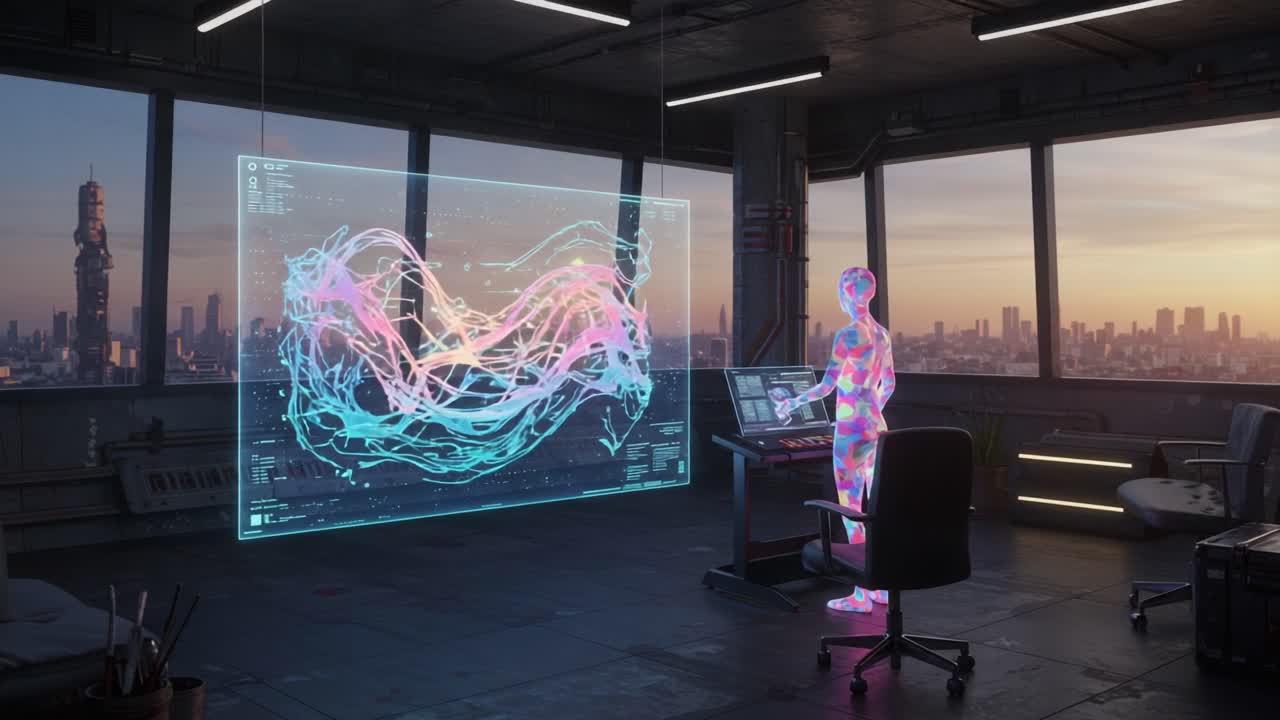 Et futuristisk, digitalt arbejdsområde: En transparent figur interagerer med levende datavisualiseringer mod en højteknologisk bysilhuet i skumringen
