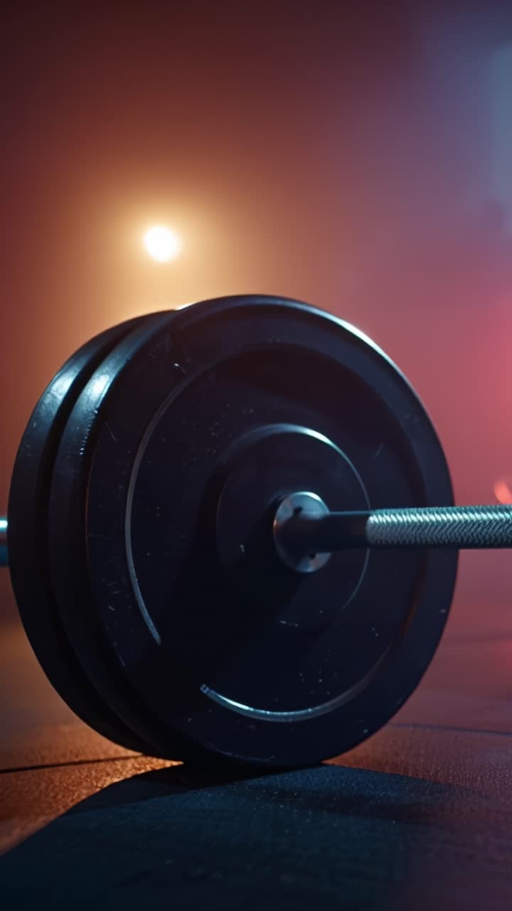 Close-Up of a Barbell in a Dimly Lit Gym Setting, Highlighting the Details of the Weight Plates and Bar with an Ambience of Fitness and Strength Training