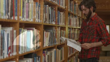 mathematical equations floating against caucasian male student reading a book at college library