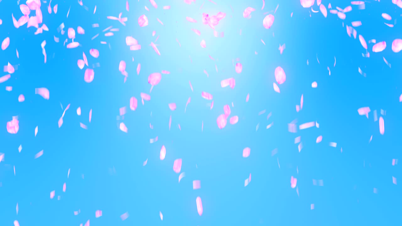파란색 배경에 떨어지는 체리 꽃 잎, 루프 글리터 애니메이션