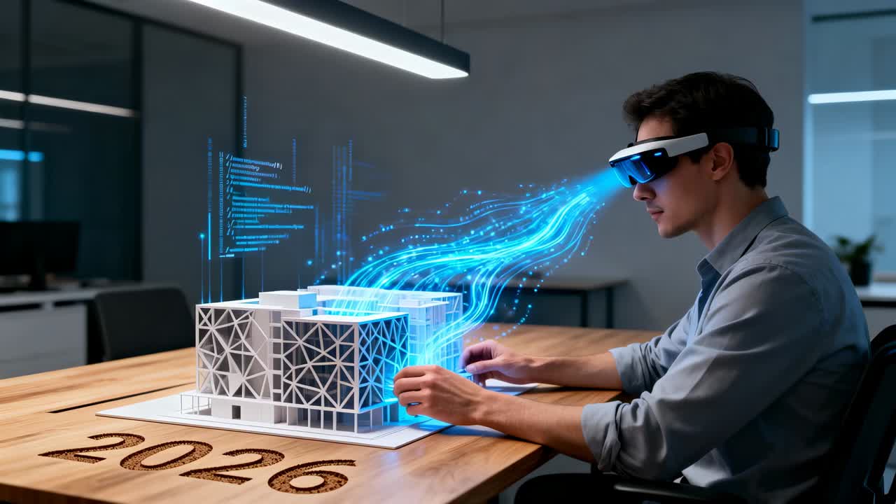 Leaning man in shirt AR headset visualizing blue airflow rotating 2026 model at office, copy space