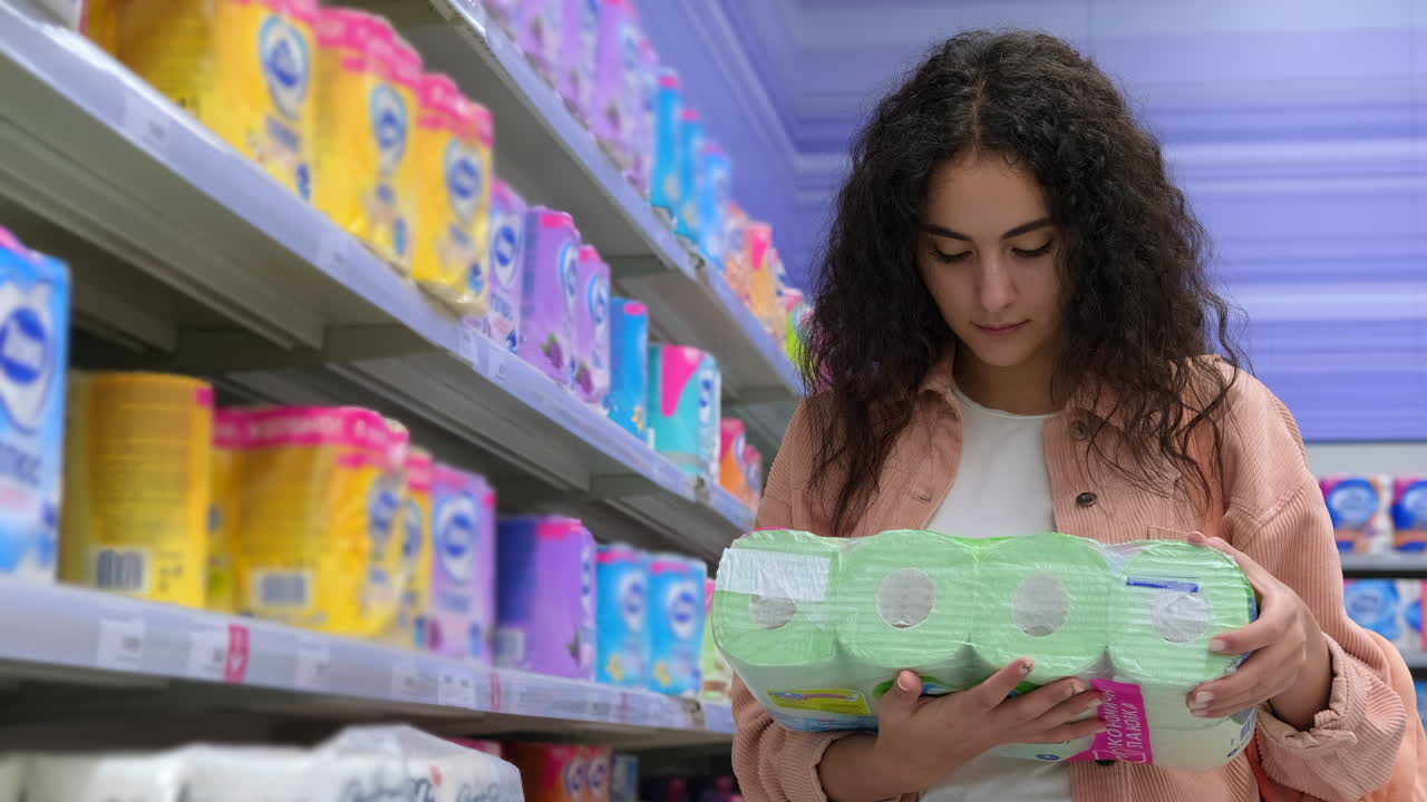 mujer comprando papel higiénico en un supermercado
