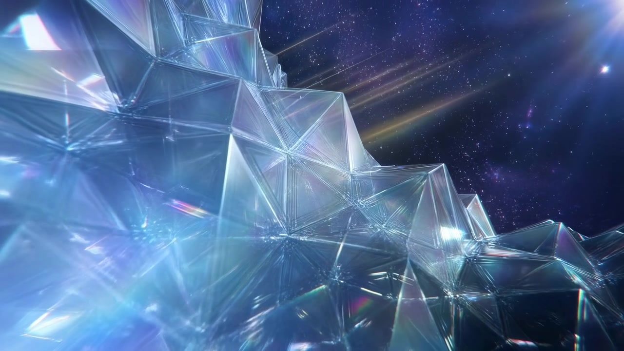 Transluzente, facettierte Kristallformen füllen den linken Vordergrund und reflektieren kühles blaues Licht vor einem dunklen Sternenhintergrund mit einem hellen Leuchten oben rechts
