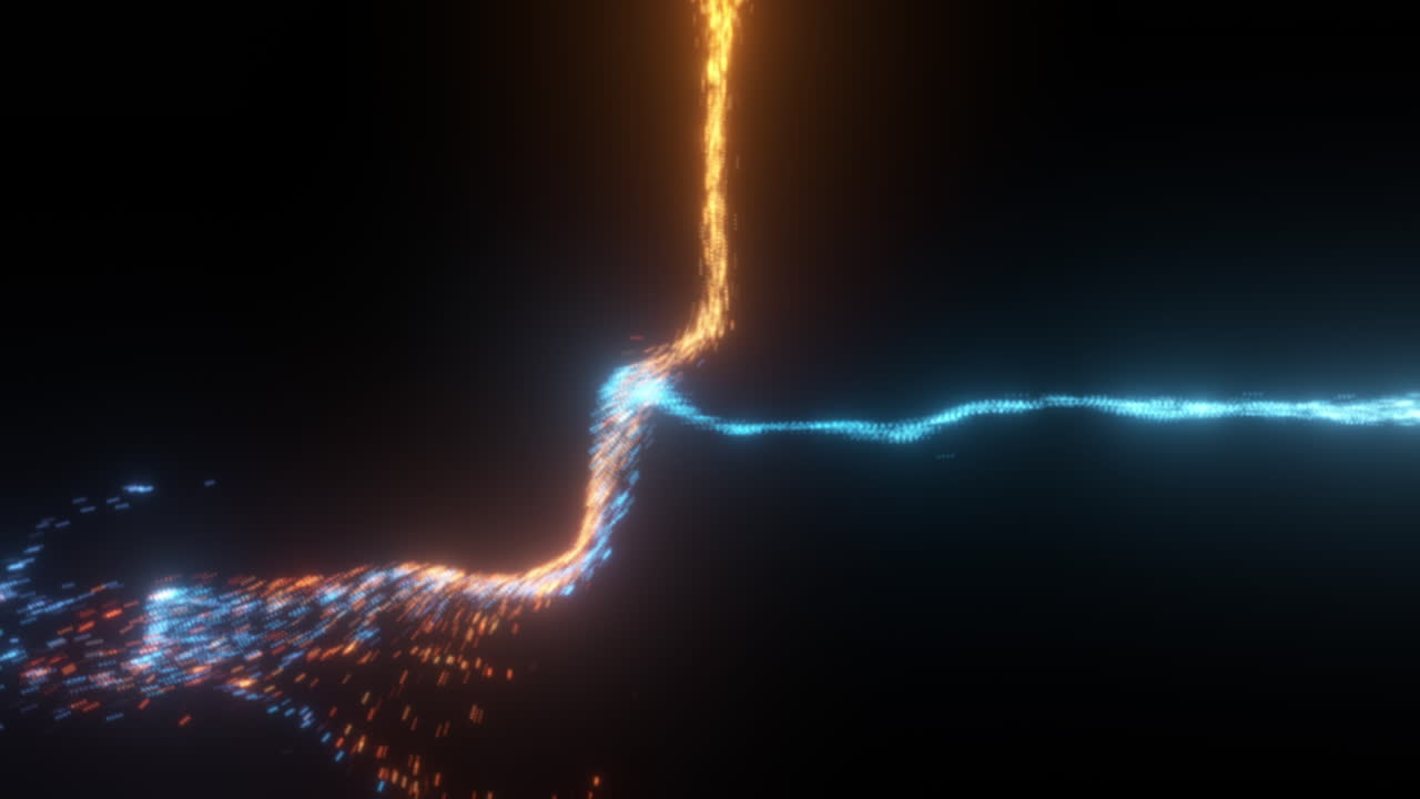 Orange and Blue High Energy Particle Streams Clashing in Fluid Simulation with Bright Glow on Black Background