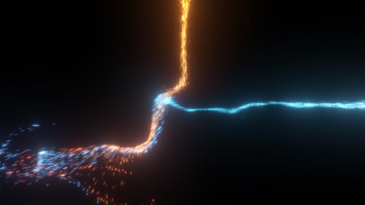 Flussi di particelle ad alta energia arancioni e blu che si scontrano in una simulazione fluida con una brillante luminescenza su sfondo nero