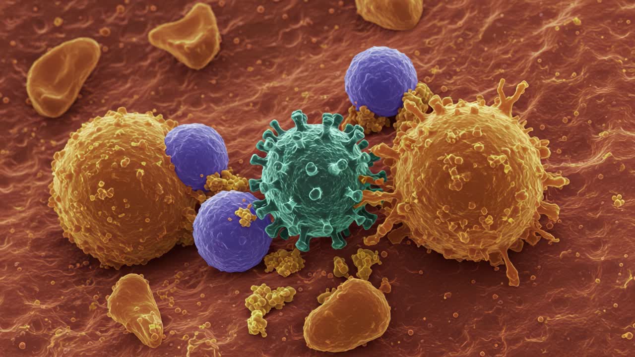 Microscopic Visualization of Immune Cells Engaging with Pathogens, Highlighting the Complex Interactions Among Various Cell Types in a Biological Environment