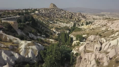 Stunning-aerial-flyover:-Narrow-Cappadocia-valley-with-unique-hoodoos