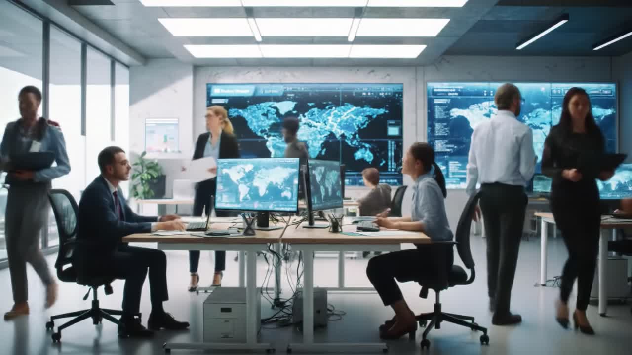 Business Collaboration in a Modern Office Environment, Showcasing a Diverse Team Engaging with Advanced Technology and Global Data Analysis Workstations