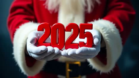 a person in a santa claus outfit holding a red number 2025 in their hands