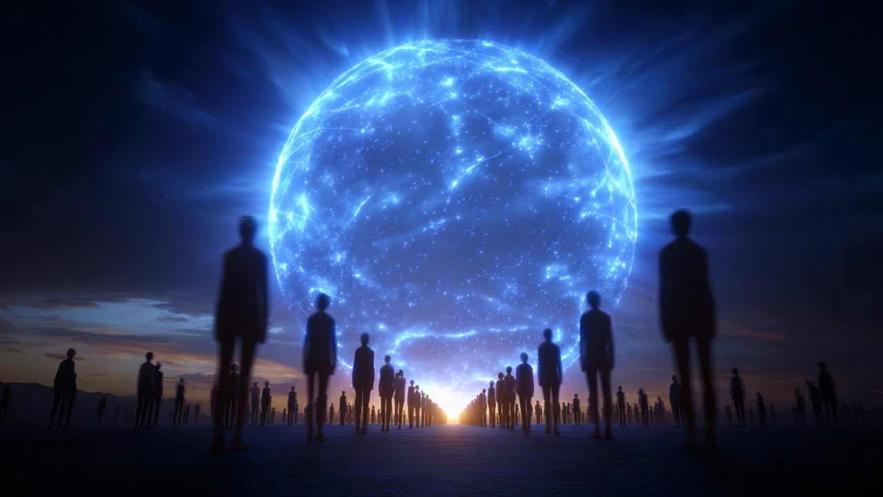 A Cosmic Gathering: Enigmatic Figures Stand Silhouetted Against a Luminescent Blue Sphere in a Mystical Landscape at Dusk, Merging Humanity With Celestial Energy and Infinite Possibilities