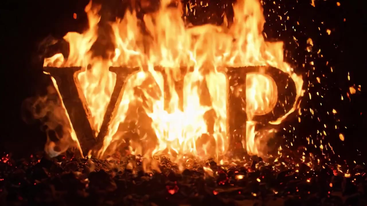 En fængslende udstilling af flammer: Den flammende kunst at skabe 'VIP'-budskabet fanget gennem dramatisk ild og gløder, der oplyser et dristigt statement