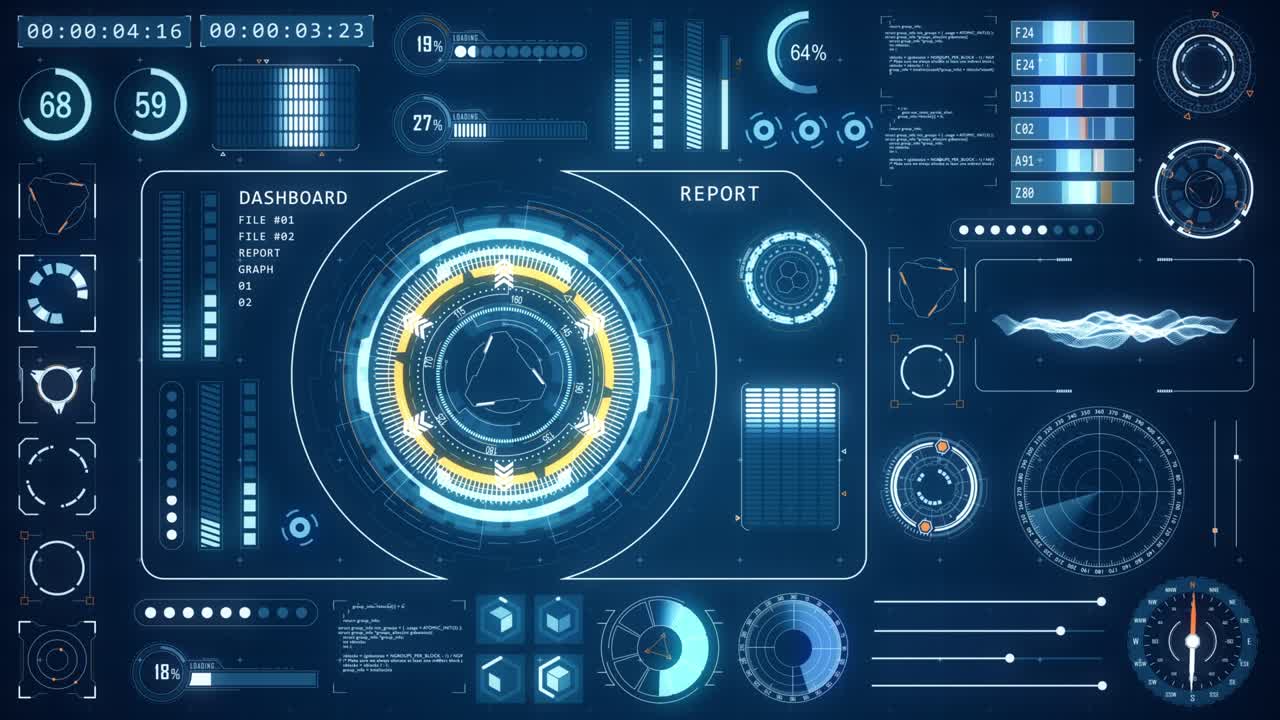 머리 위 디스플레이의 모션 그래픽 (hudui) 기술 인터페이스 화면과 미래의 요소 그래프 및 채팅 패널 추상적인 배경