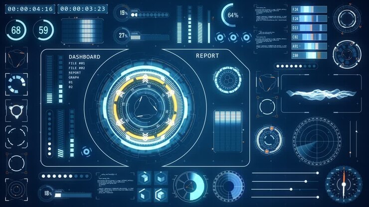 Motion graphic of Head up display ( HUD UI ) technology interface screen with futuristic elements graph and chat panel abstract background