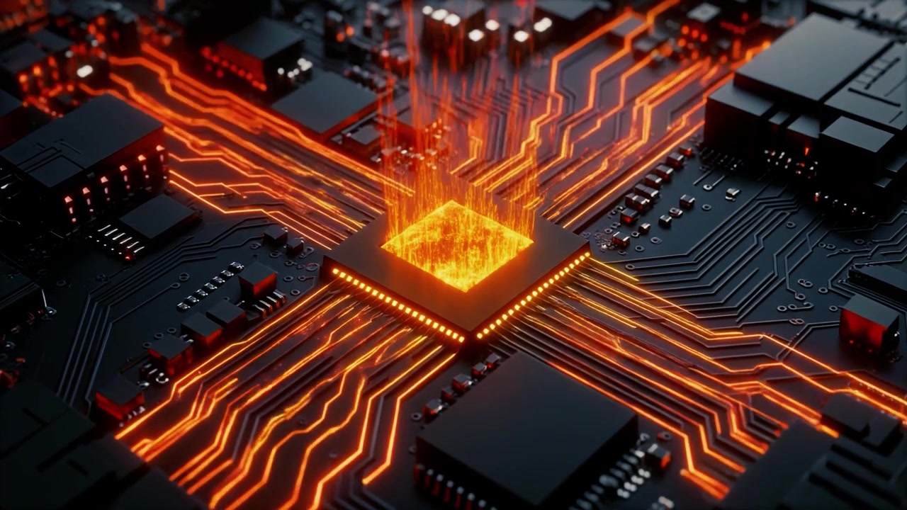 Central processor enhed aktiveres med glødende datastrømme på et kredsløbskort