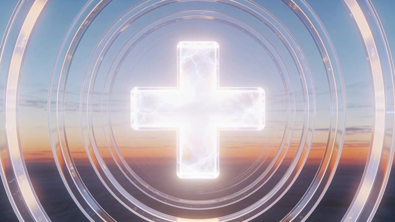 Glowing glasslike plus symbol pulsing, concentric rings rotating above low cloud horizon at sunrise