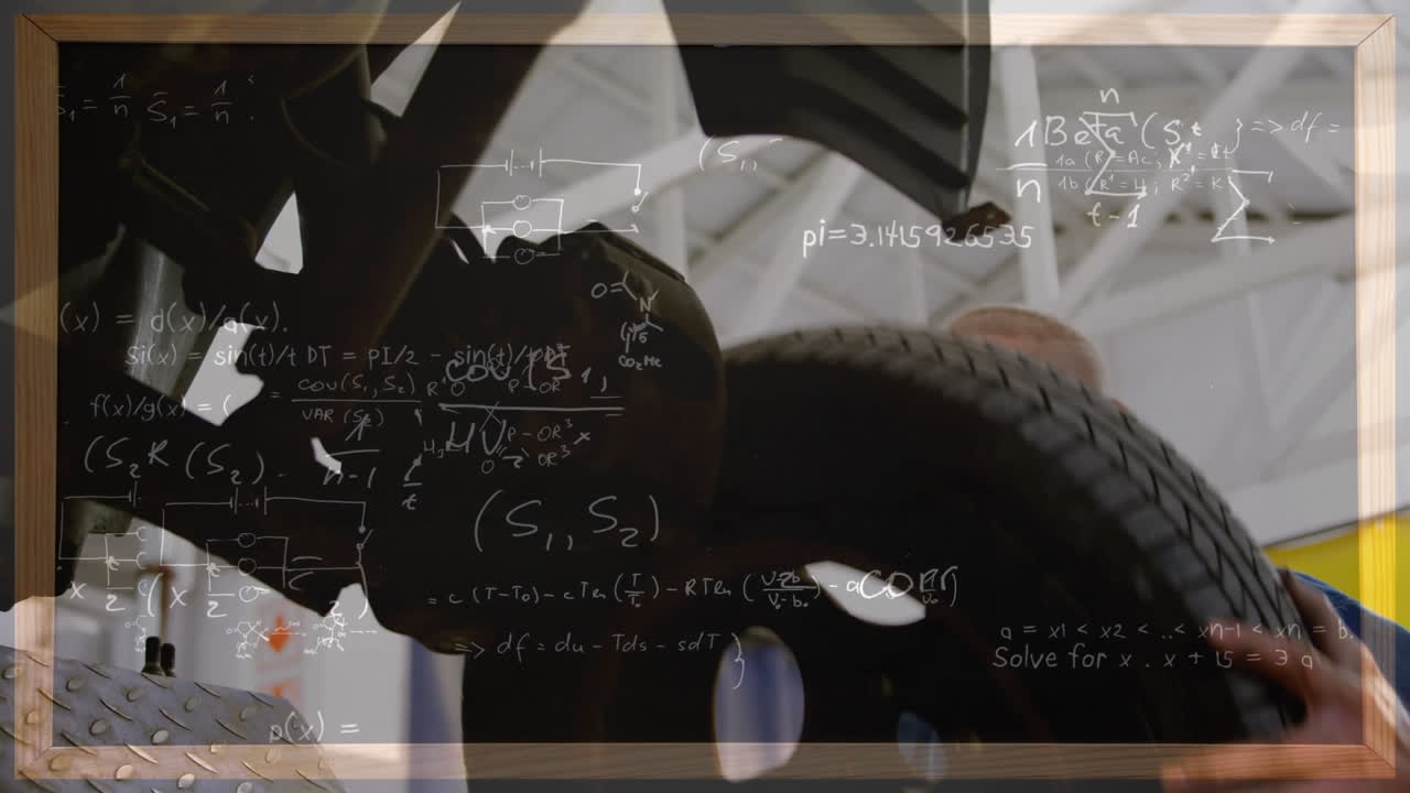 워크에서 백인 남성 기계학자에 대한 수학적 방정식의 애니메이션