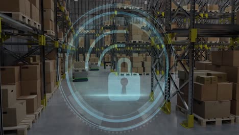 animation of padlock and data processing over warehouse