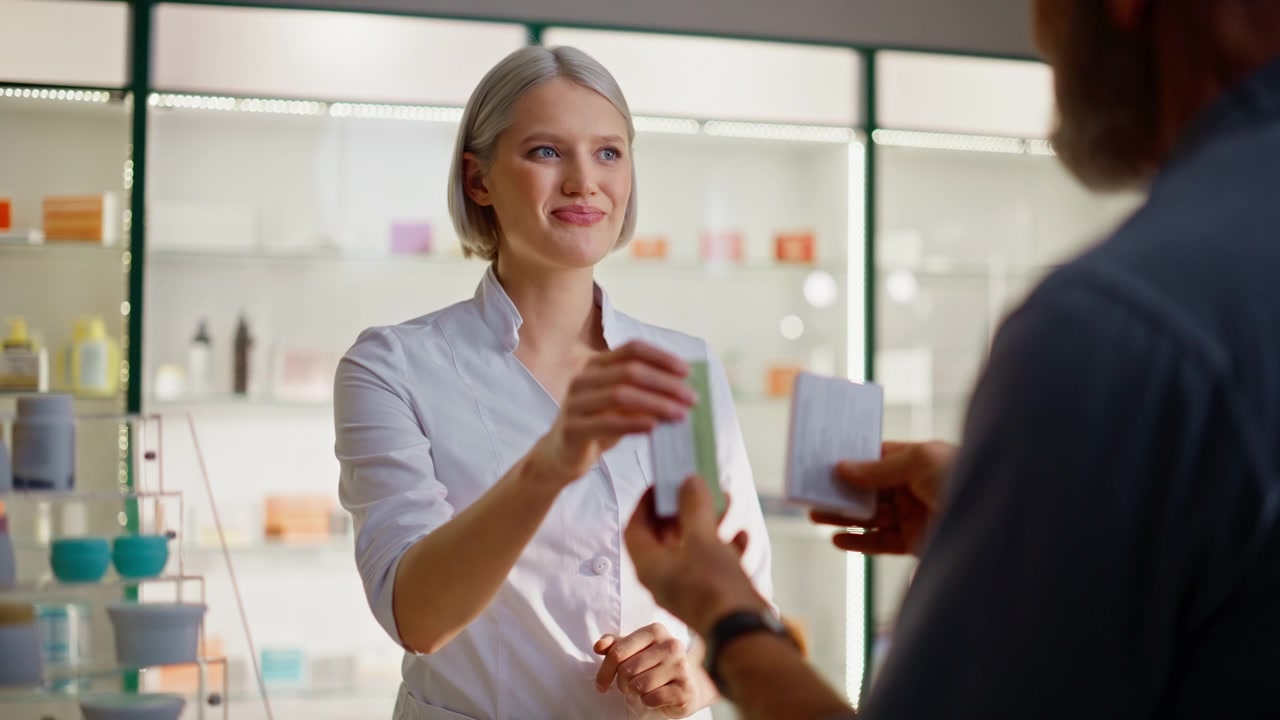 Kunde nærmer sig apotekskasse med medicin, nærbillede. Læge hjælper.