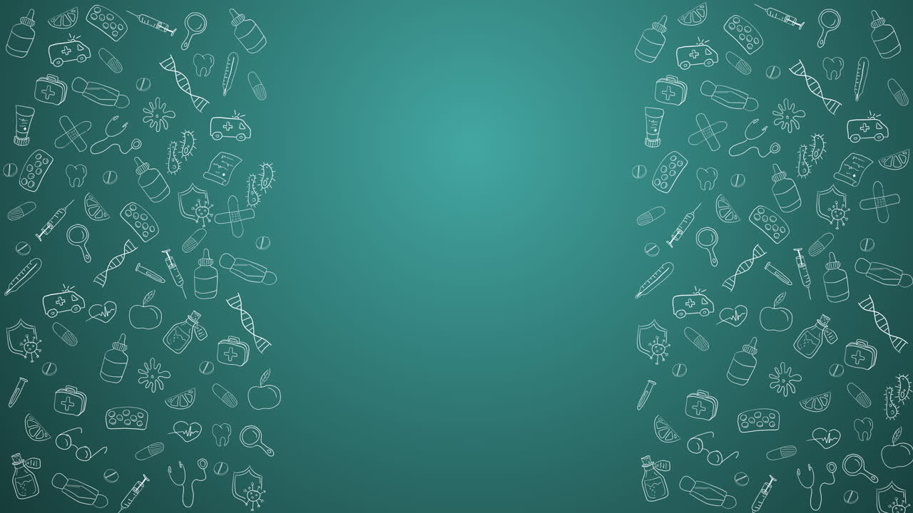 Hand drawn frame medicine icons animation. Medicines, medical products, tablets, medical equipment on a white background. Loop motion graphic. Copy space.