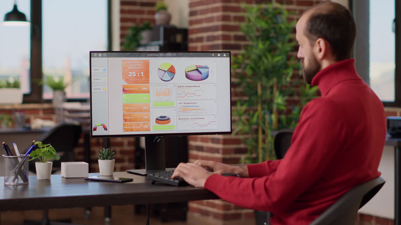 Businessman doing research analysis on computer screen
