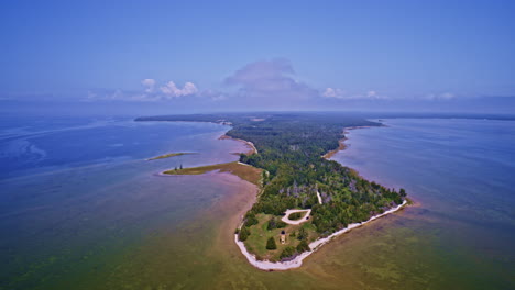 aerial view of a scenic island in a lake