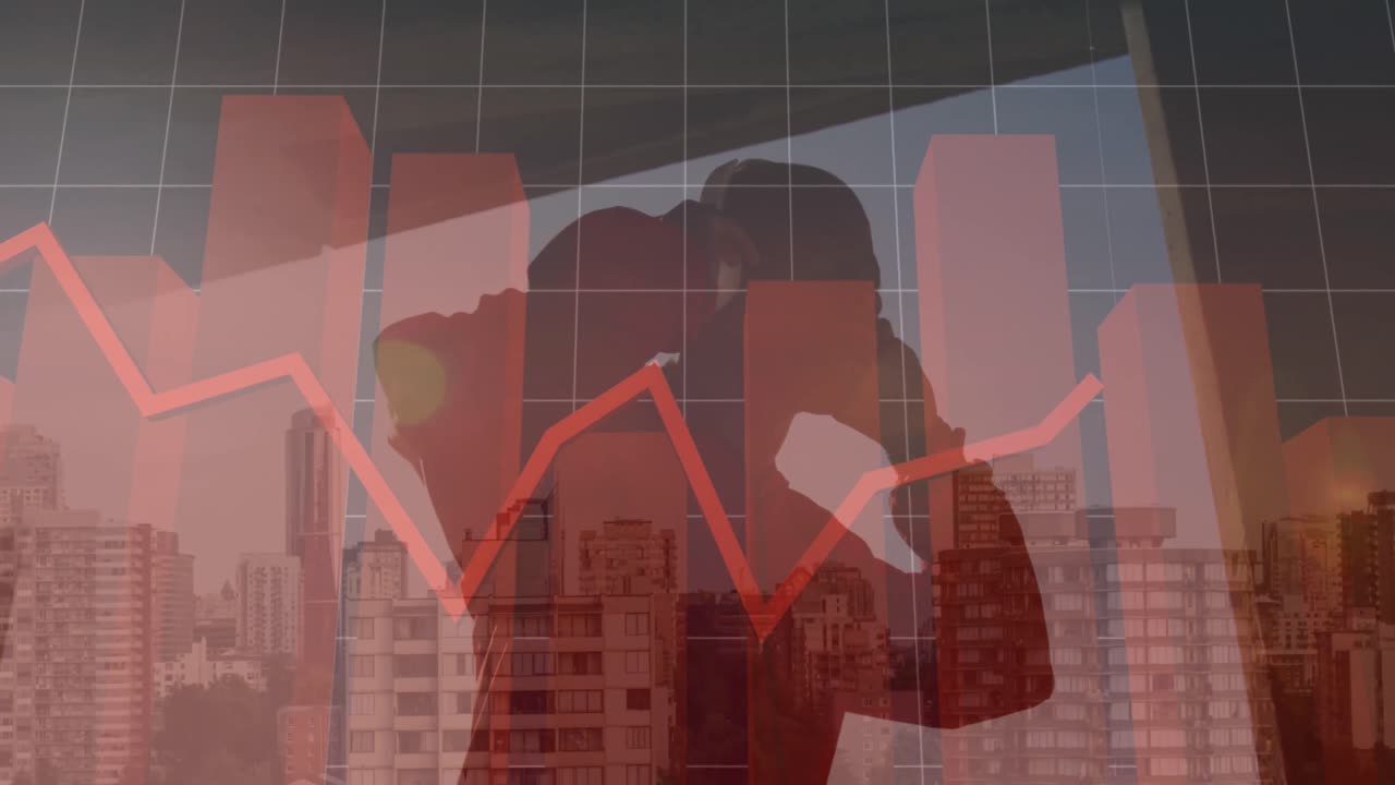animación de gráficos financieros y datos sobre el paisaje urbano y el excursionista