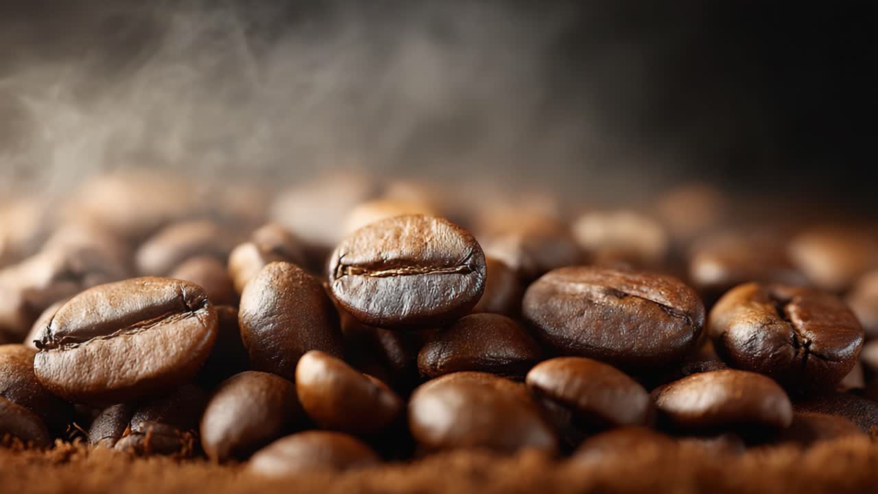 Et fascinerende nærbillede af aromatiske kaffebønner, der fanger deres rige tekstur og damp, mens de venter på at blive brygget til en perfekt kop kaffe.