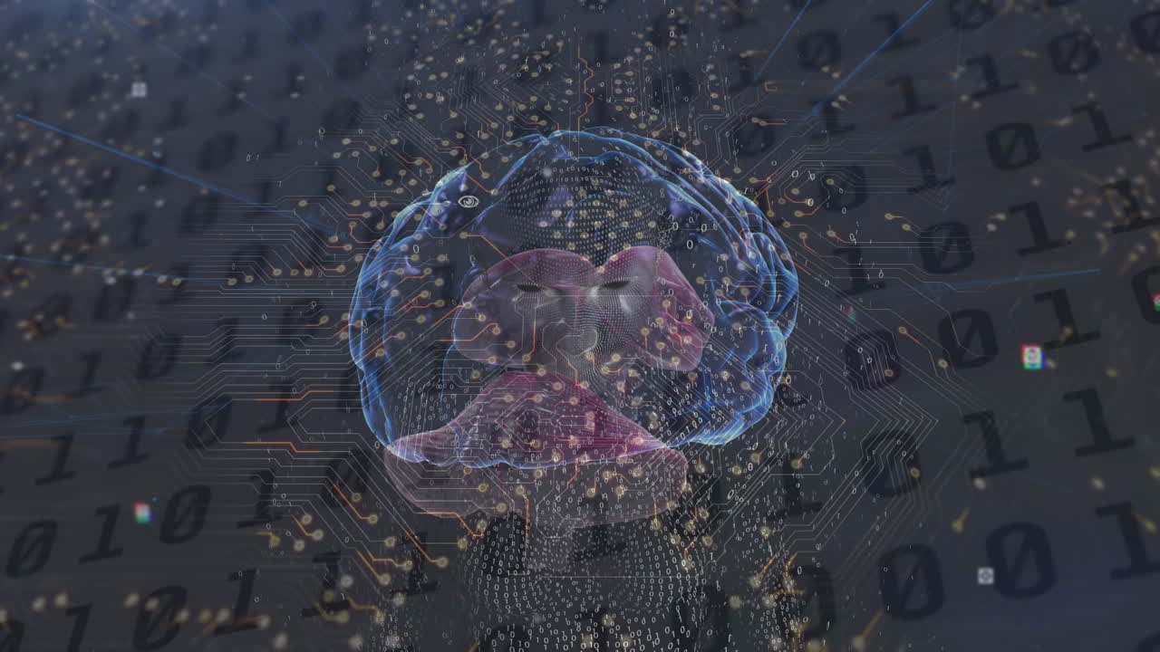 Animation of brain and integrated circuit over binary code