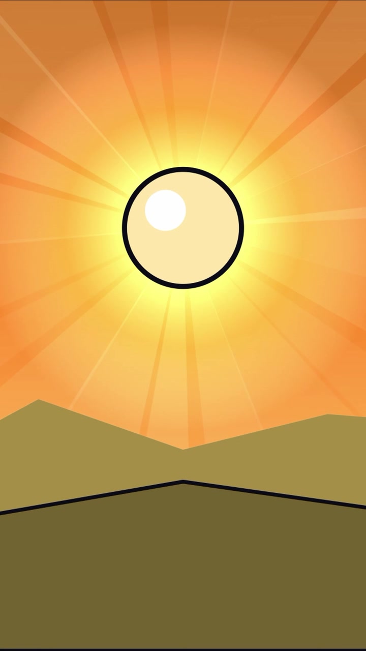 Vertical anime style sun floating and hovering over mountains in center with moving background, seamless loop