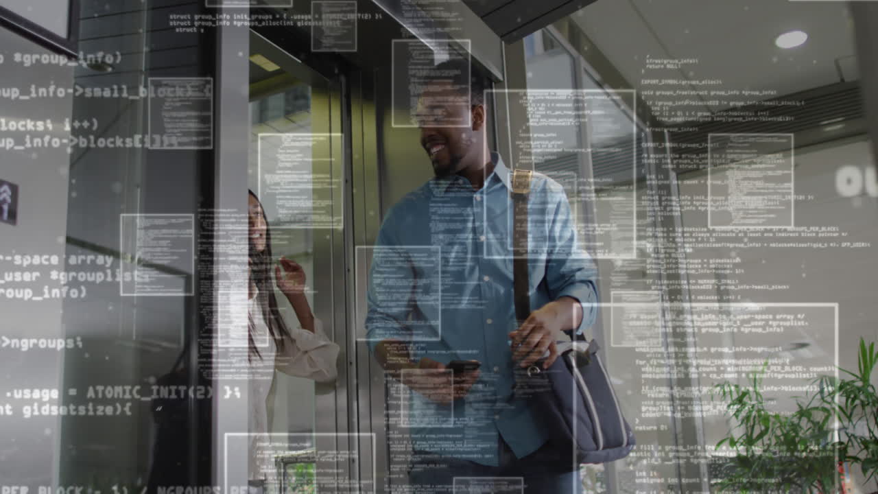 Animation of financial data processing over diverse business people in office