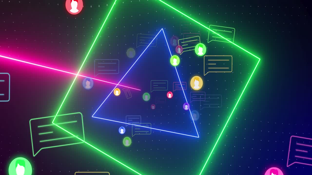 검은색 배경에 있는 미디어 아이콘과 모양의 애니메이션