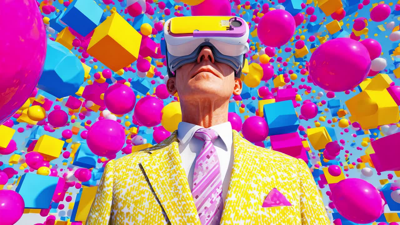 A Daring Individual Embracing Virtual Reality Through Innovative Technology and Vibrant Imagination Surrounded by Colorful 3D Shapes and Dynamic Visuals Illustrating Digital Exploration