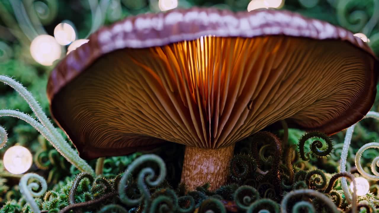 Close-up video of lush green moss with curled tendrils and glowing orbs, creating a magical