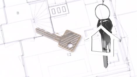 animación de llaves de casa colgadas contra dibujos arquitectónicos giratorios y llave de casa