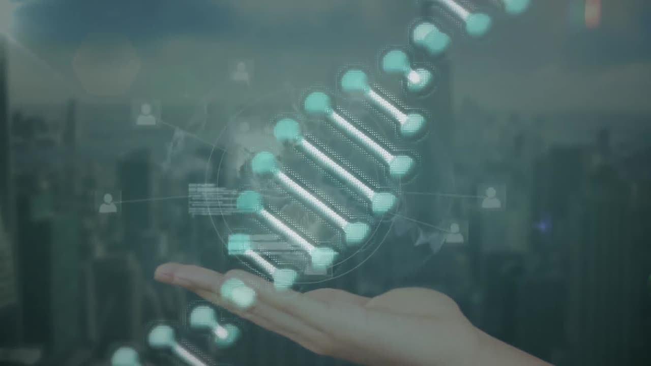 animación de la cadena de adn en movimiento a través de la red de conexión