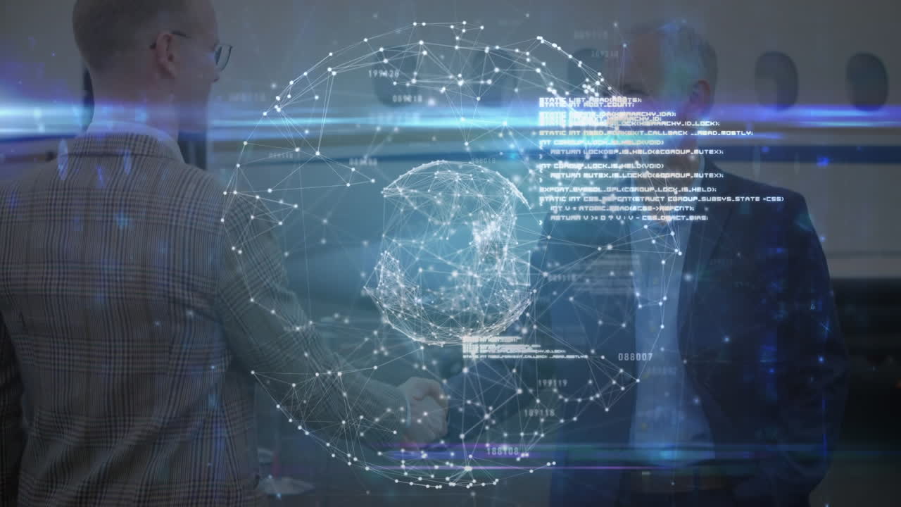Animation of globe of network of connections over airplane and businessmen