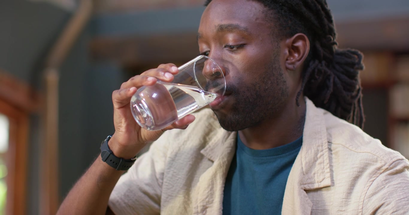 After adjusting white clip African American man at table in teal sipping from glass, examining clip