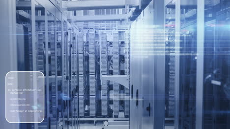 animación de la interfaz con procesamiento de datos y puntos de luz contra la sala de servidores de computadoras